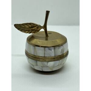 Vintage Brass Trinket Box Apple Shape Mother of Pearl Inlay 3.5 X 2.5 India